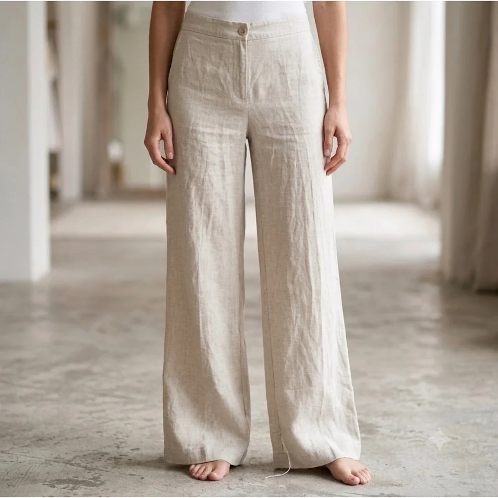 Theory Terena Terra Wash Pants Womens 4 Beige Linen Blend Wide Leg H0503216 FLAW